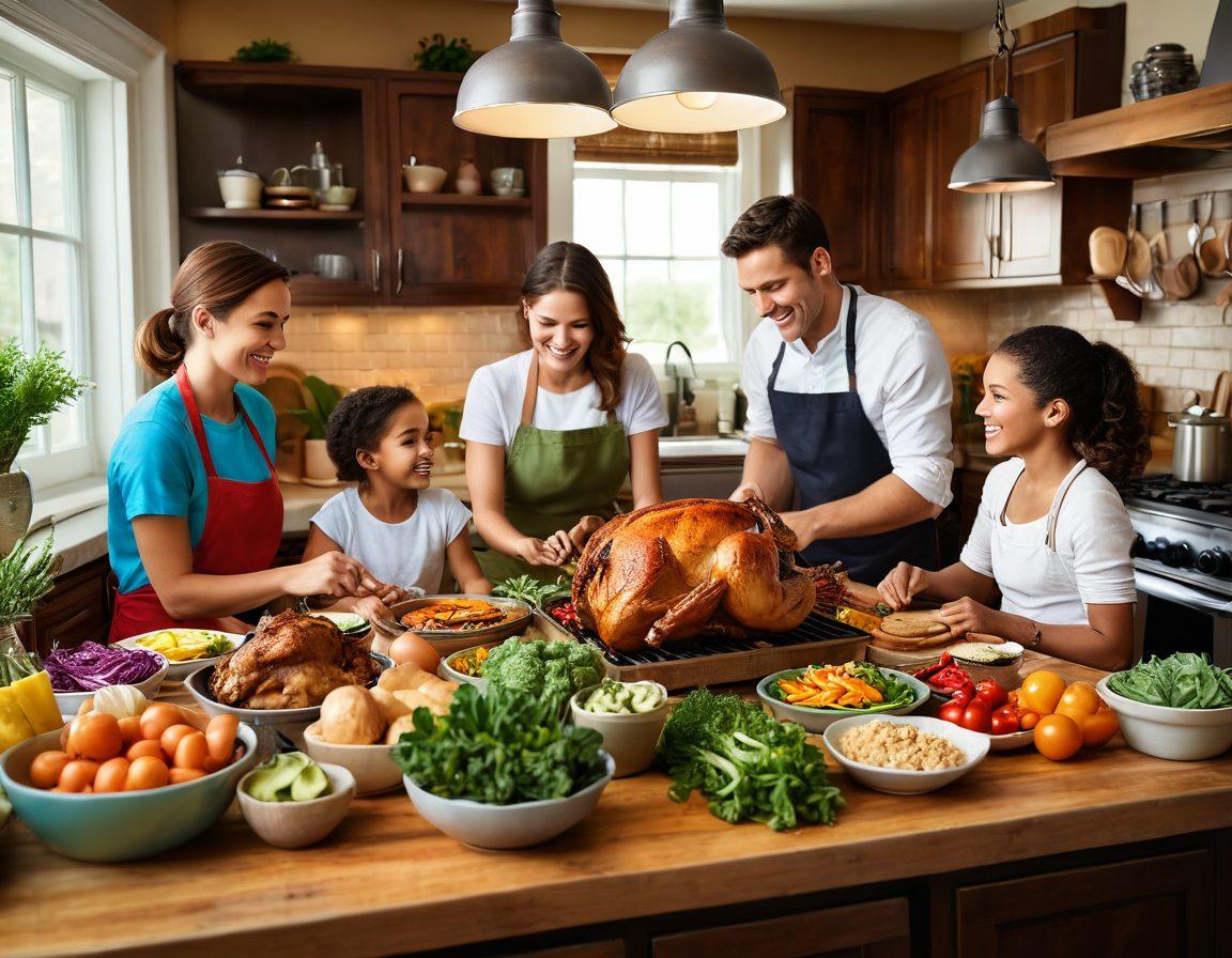 A vibrant kitchen scene featuring a family joyfully cooking together, with a variety of colorful, fresh ingredients displayed. A succulent roasted chicken garnished with herbs at the center, surrounded by quick, healthy side dishes. Soft lighting enhances the warmth and happiness of the moment, capturing the essence of effortless cooking and family bonding. super-realistic. vibrant colors. cozy atmosphere.