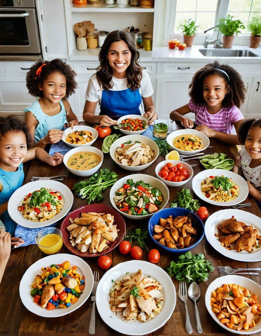 A vibrant kitchen scene featuring a colorful spread of quick chicken meals on a family dining table, with smiling children enjoying their plates. Include fresh vegetables and herbs scattered around, as well as an open recipe book showcasing simple cooking steps. Bright, inviting colors and soft, warm lighting to create a cozy atmosphere. super-realistic. vibrant colors. warm lighting.