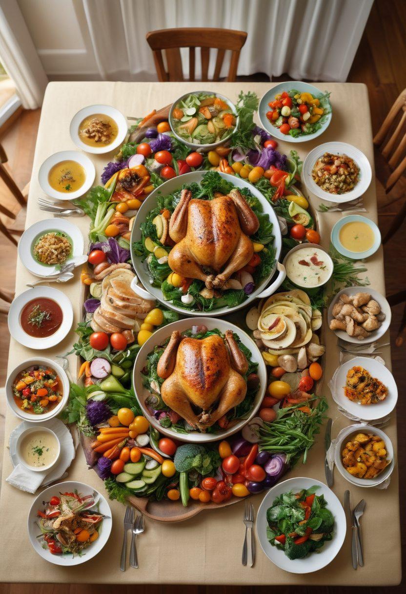 A beautifully arranged table featuring an array of healthy chicken dishes, surrounded by vibrant vegetables, herbs, and colorful garnishes. Soft, warm lighting creates an inviting atmosphere, while a happy family gathers around the table, enjoying the meal together. The background showcases a cozy kitchen, emphasizing the simplicity and joy of home cooking. super-realistic. vibrant colors. warm lighting.